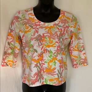 Abstract beaded neck floral stretchy top